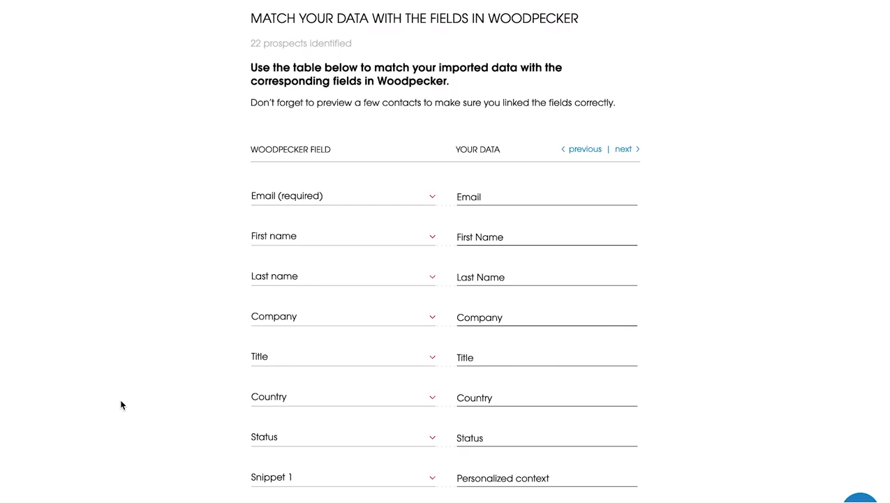 match your data with the fields in woodpecker