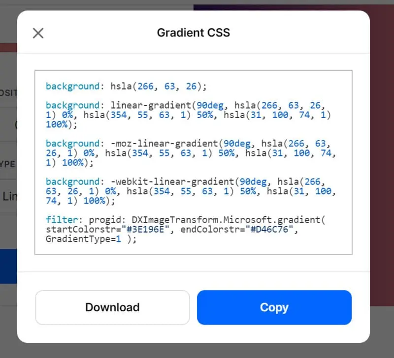 Export de code CSS de Coolors