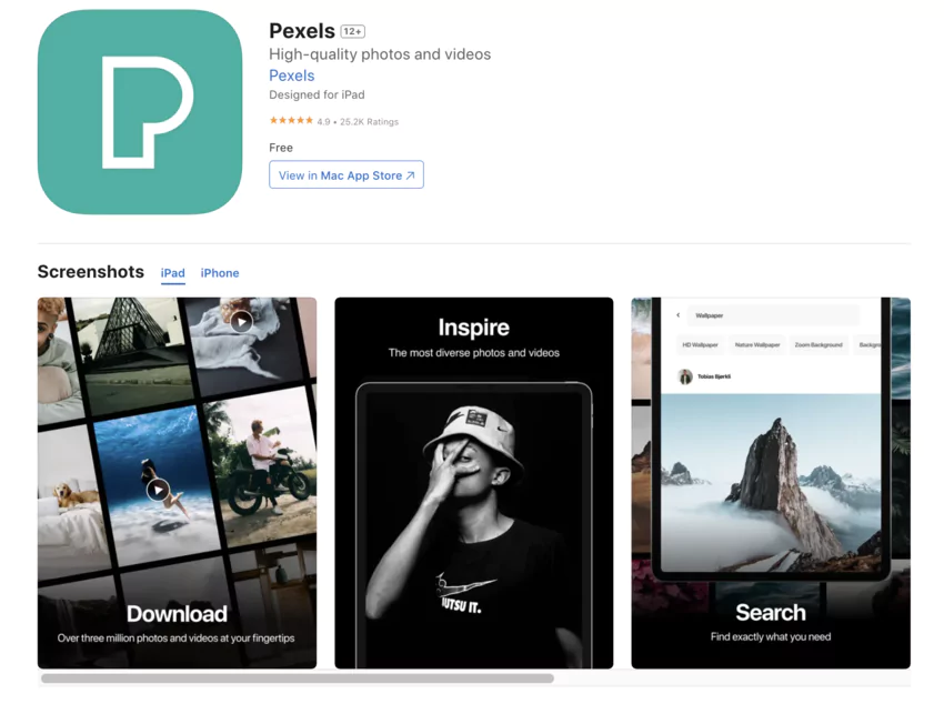 application iOs de Pexels