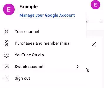 Capture d'écran du menu du compte YouTube