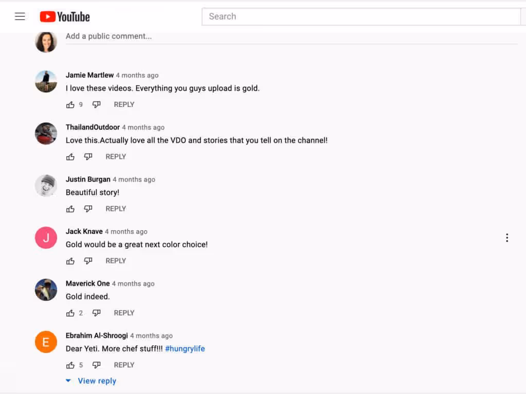 Screenshot of Yeti's YouTube comments
