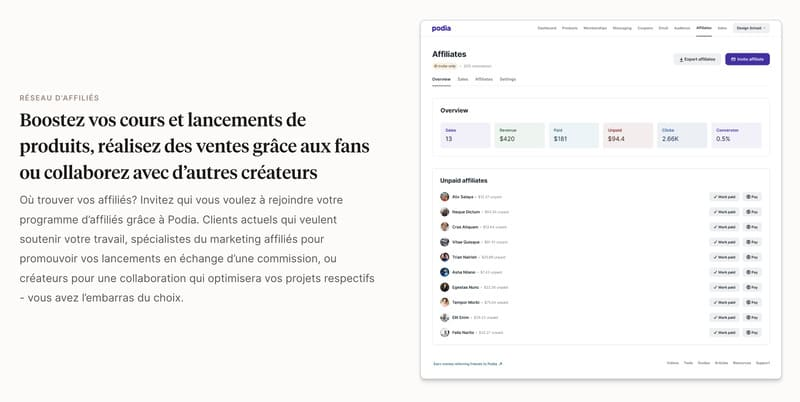 spécificité  des programmes d'affiliation de Podia