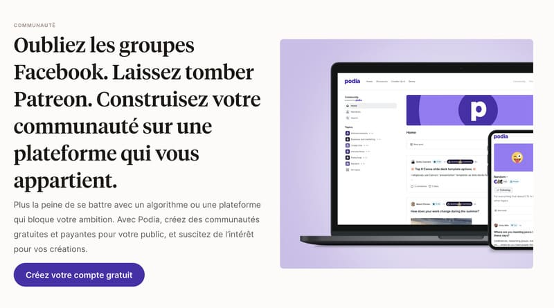 interface du site web de Podia