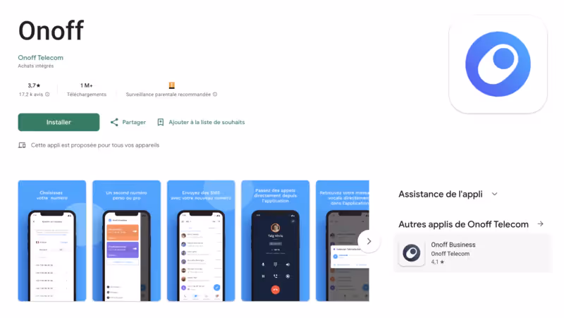 Capture d'écran montrant l'interface de l'application Onoff sur Play Store pour smartphone android