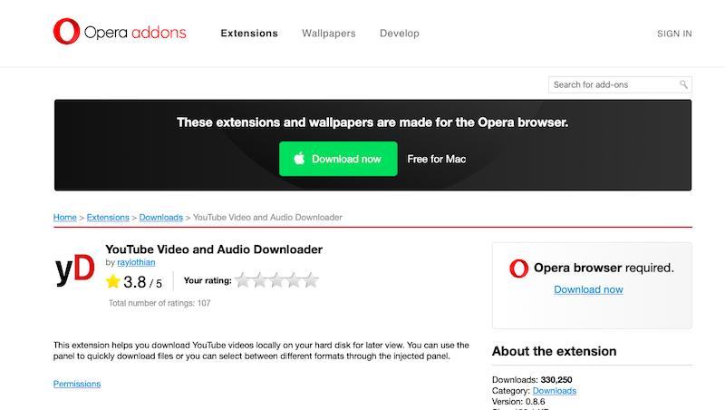 Opera Add-Ons YouTube Downloader