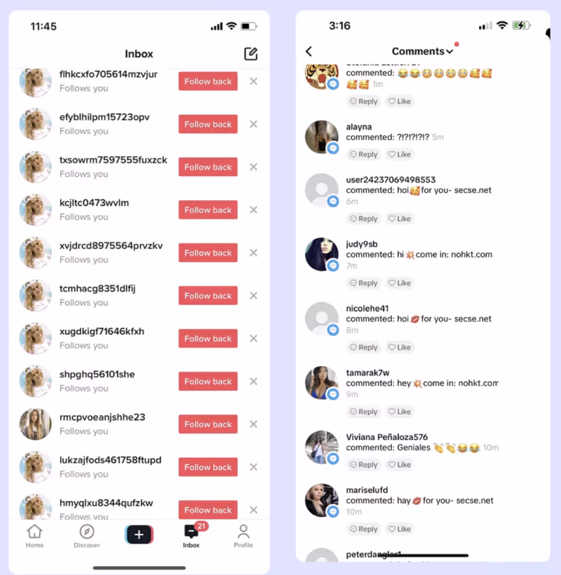 interface de téléphone montrant les interactions automatisées d'un bot sur Tiktok