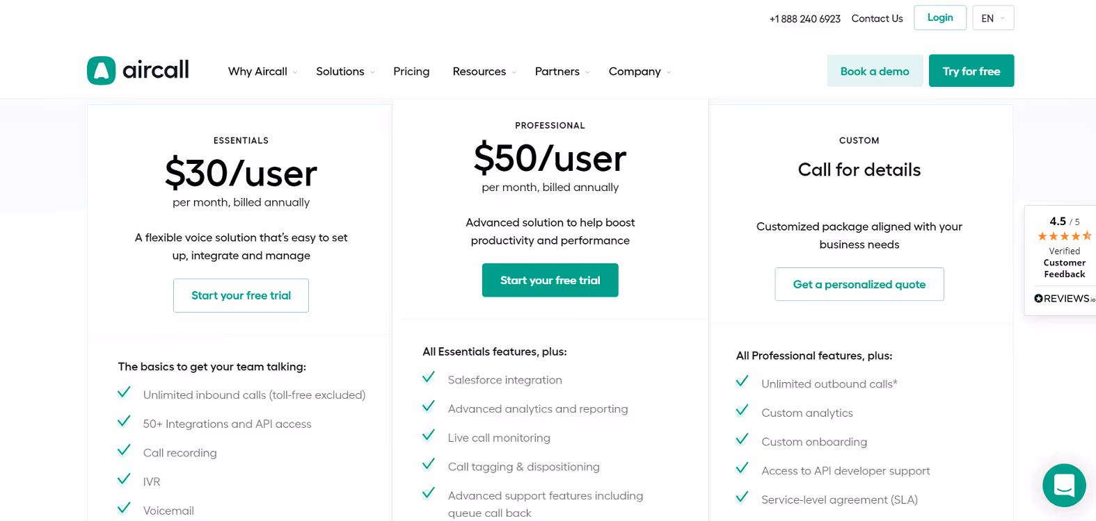 Aircall Pricing Page