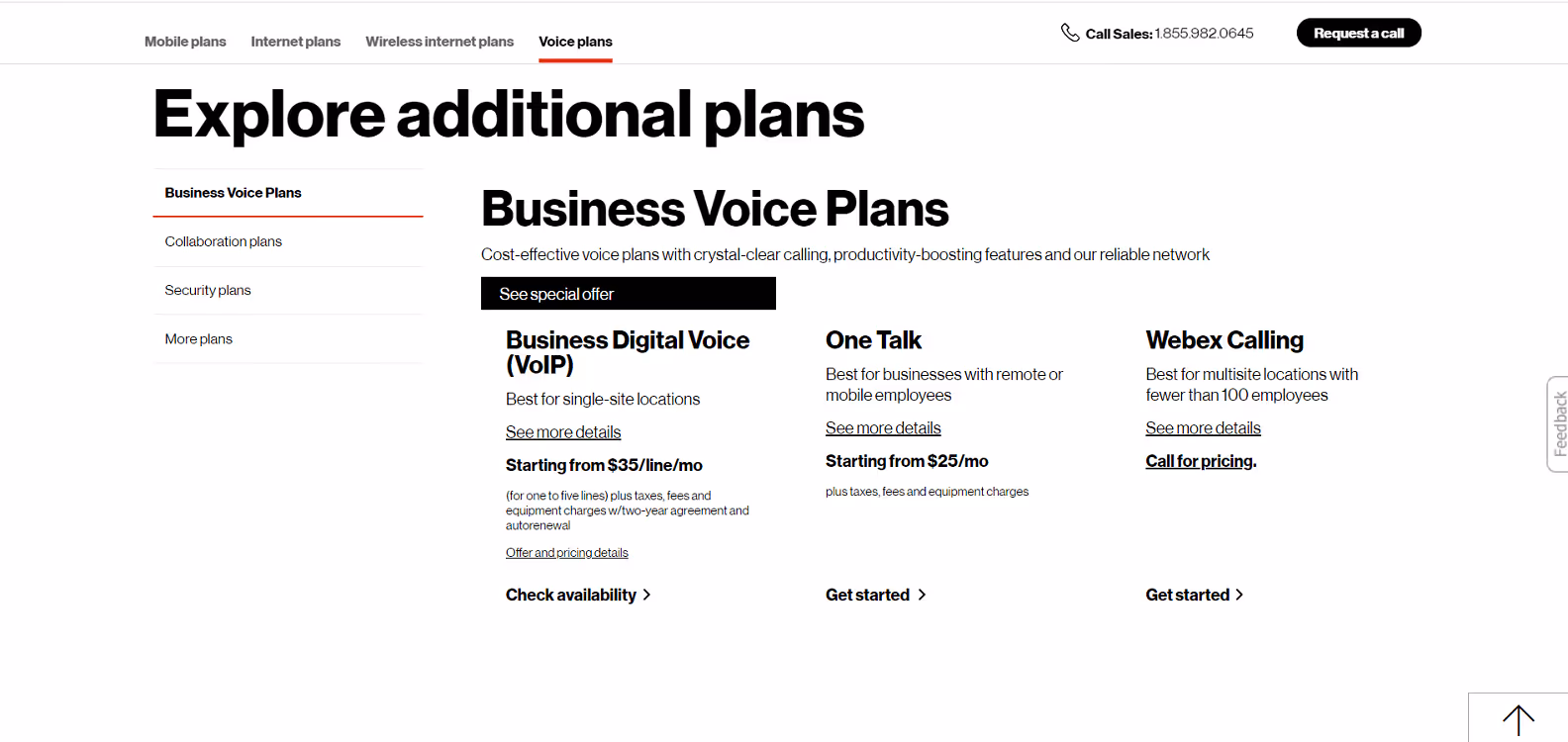 Verizon VoIP Pricing Page