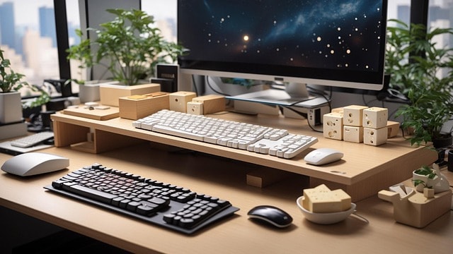ai generated, desk, computer, technology, work, set up, office