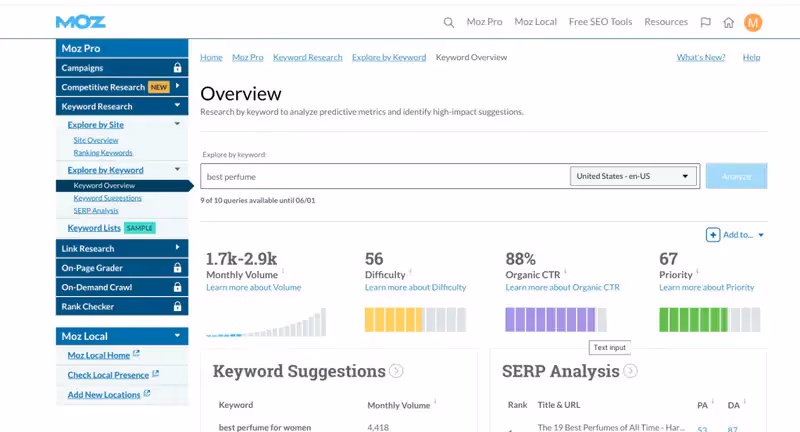 vue sur l'interface de moz pour l'évaluation du profils de backlinks 