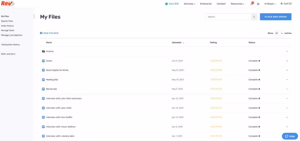 Rev.com dashboard