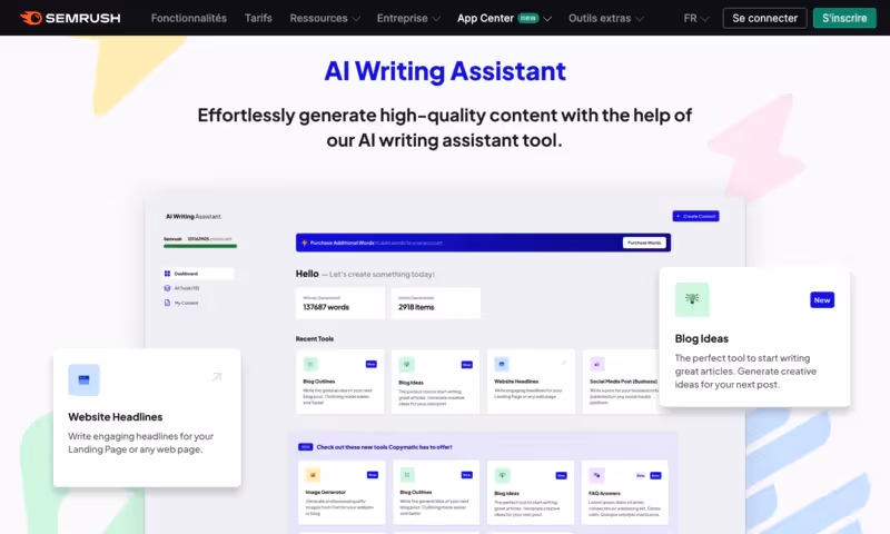page d'accueil du site de SemRush ai writer