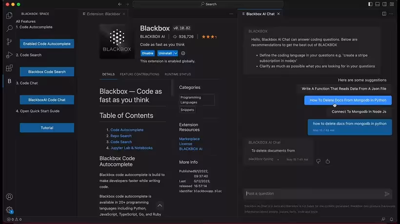 Vue de l'interface de chat montrant une conversation technique avec exemples de code de Blackbox AI