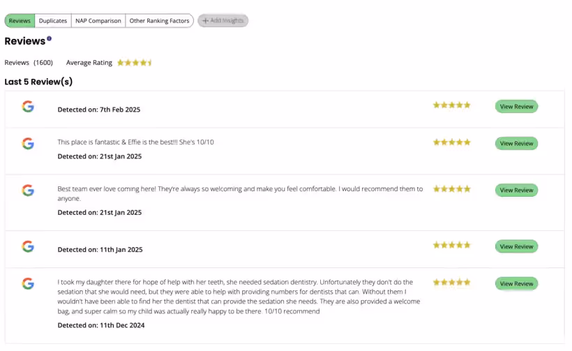 détection des revues sur brightlocal