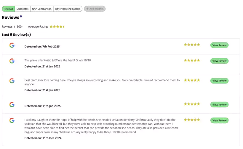 détection des revues sur brightlocal