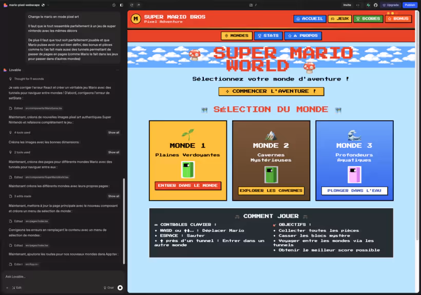 Exemple de page super mario world fate avec Lovable