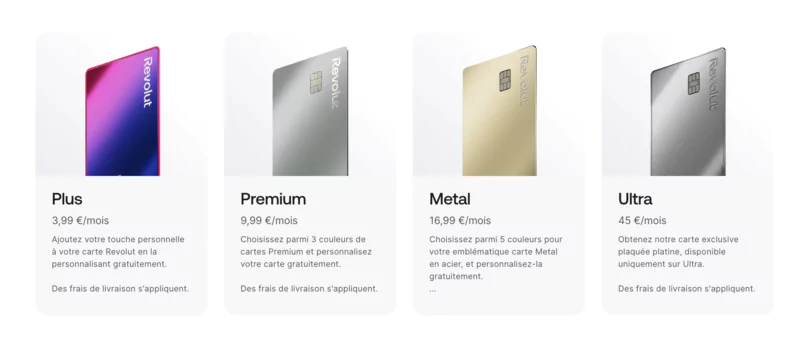 carte ultra de revolut, carte standard de revolut et meta ou premium