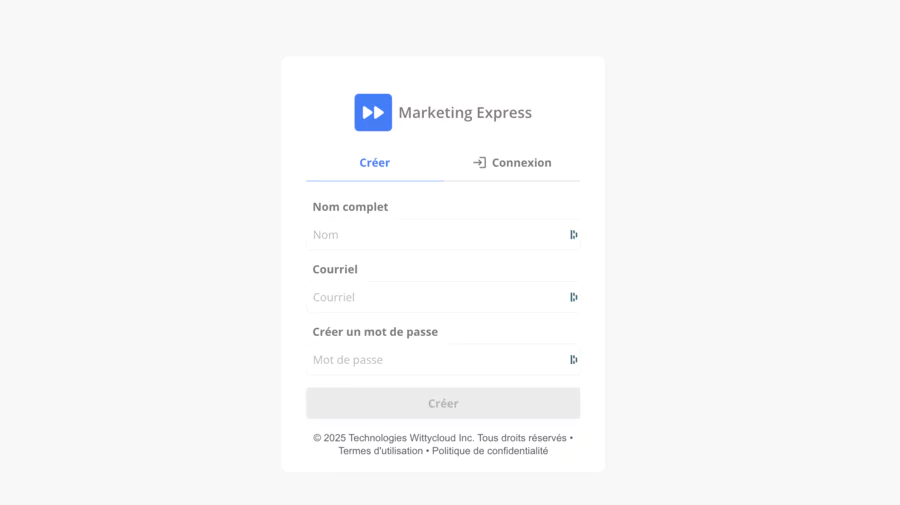 page d'inscription de Marketing Express