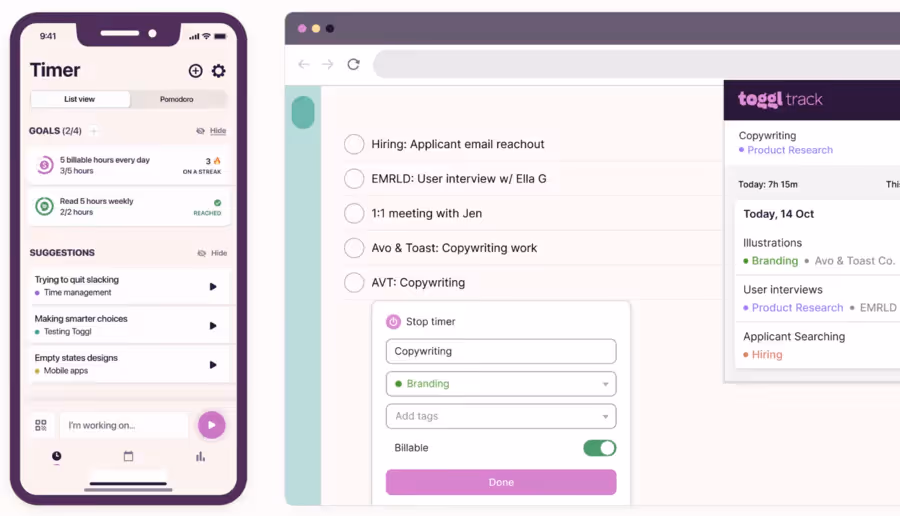 interface de toogl track sur mobile et desktop