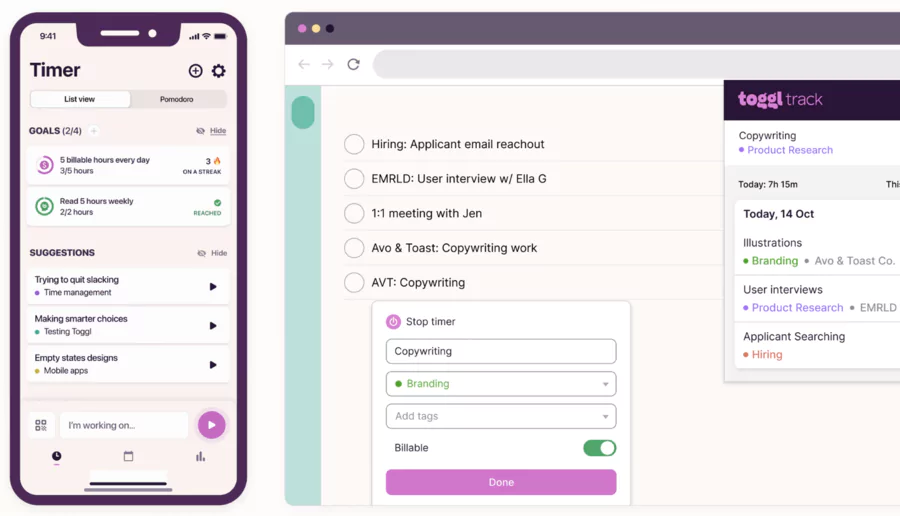 interface de toogl track sur mobile et desktop