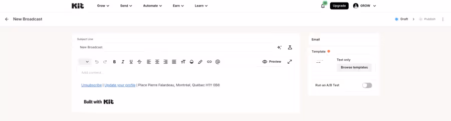 création de nouveaux broadcasts sur convertkit
