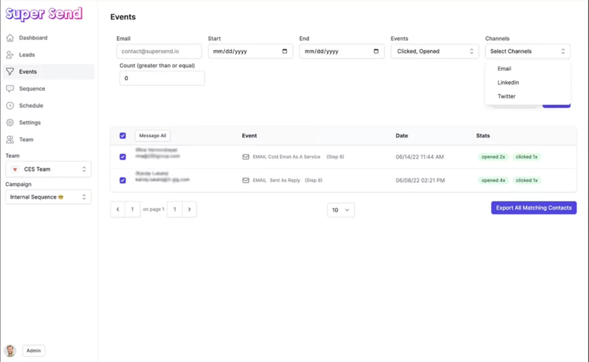 vue des évènements de super send
