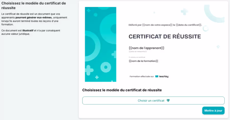 Exemple de certificat de réussite Teachizy