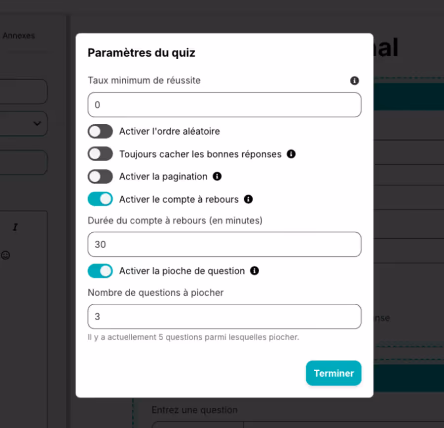 paramètres d'un quiz sur Teachizy