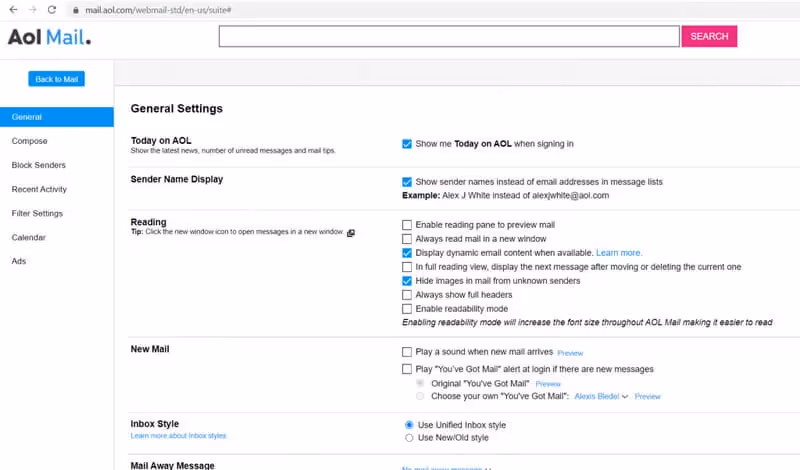 AOL Mail - email address interface