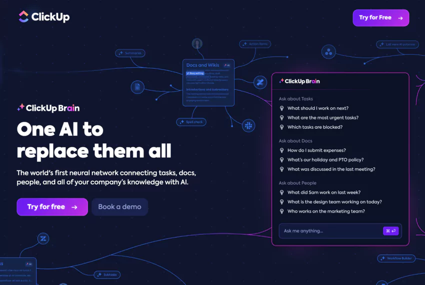 informations de la page d'accueil de ClickUp Brain