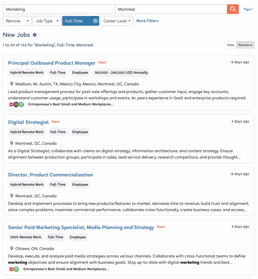 liste de résultats d'emplois vérifiés de flexjob