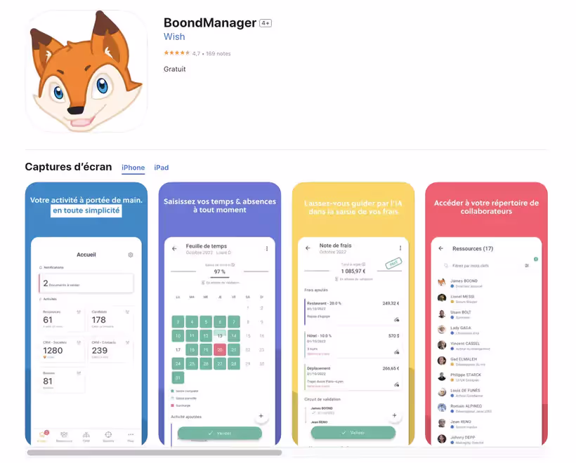application mobile de BoondManager sur Google Play et App Store