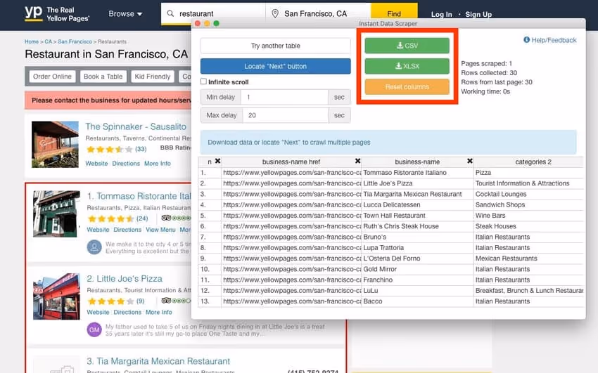 utilisation du web scraper Instant Data Scraper sur un page web