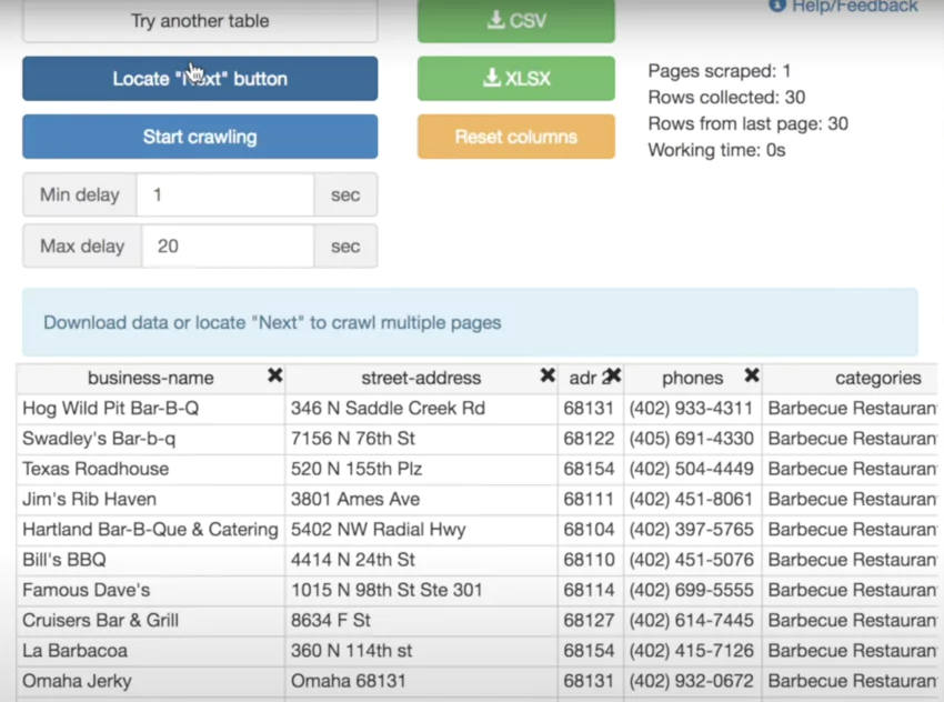 exemples pour extraire les données des pages web du site de yellow page