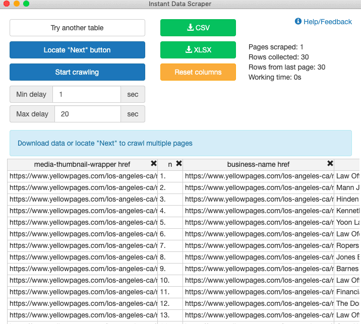mise à jour des données avec Instant Data Scraper