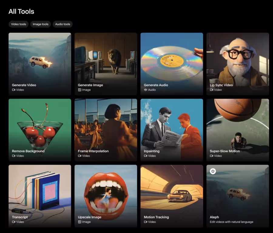 affichage de tous les outils de Runway AI