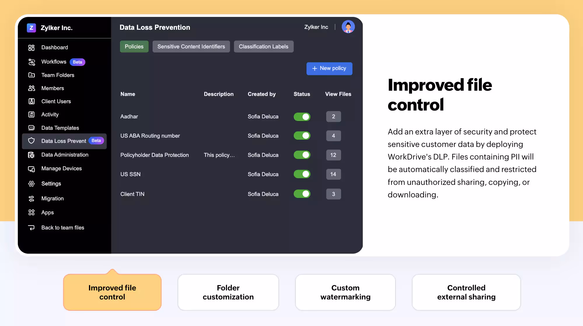 sécurité avancée de Zoho Workdrive