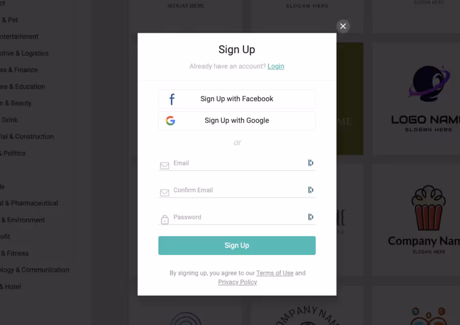 page d'inscription de ce logiciel de composition graphique pour créer des logos
