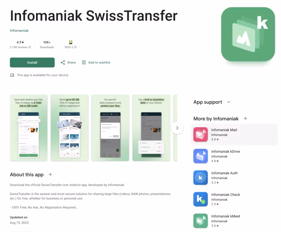vue de l'application mobile SwissTransfer sur Google Play