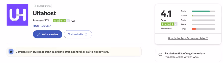 Avis sur Trustpilot de Ultahost