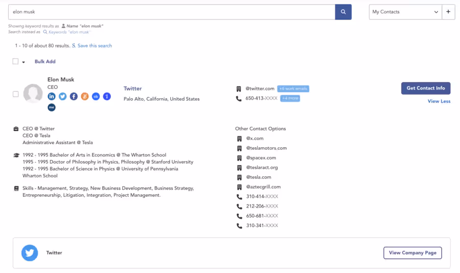 Accès aux informations de contact sur RocketReach