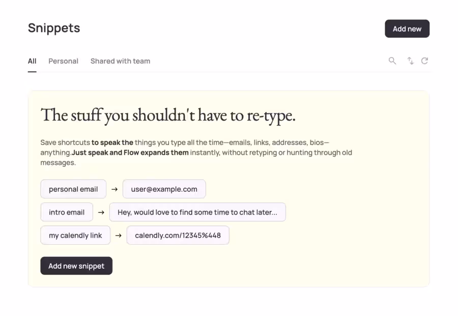 liste snippets vocaux de wispr