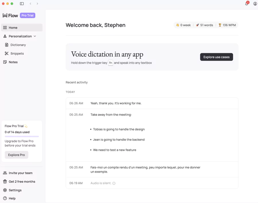 Interface de Wispr Flow