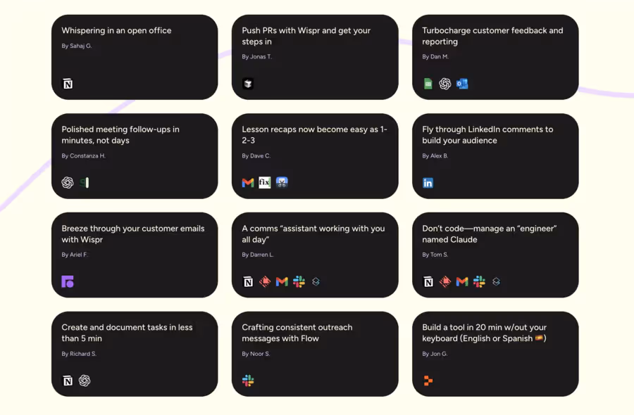 Exemple d'intégrations et cas d'usage de Wispr Flow