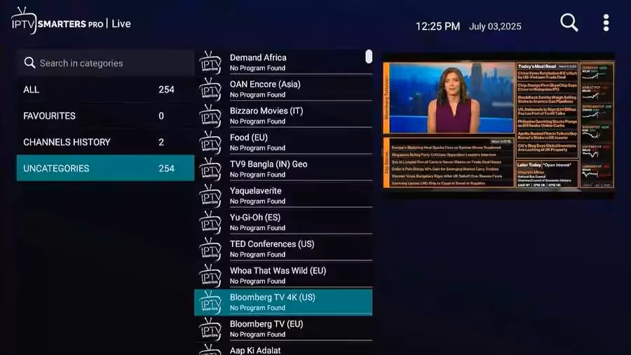 vue de l'interface ee IPTV Smarters PRO