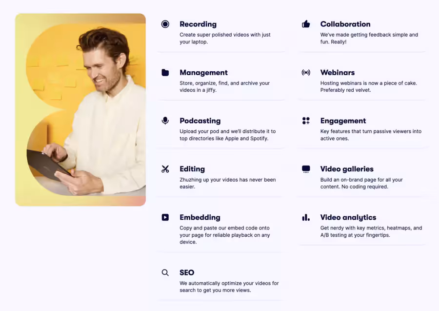 nom de chaque fonctionnalités disponibles sur le site de wistia
