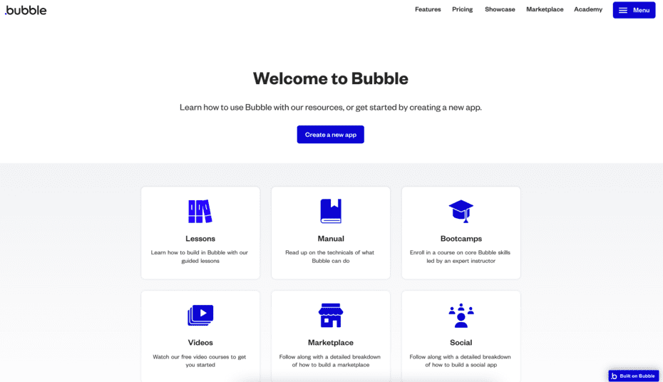 Interface utilisateur de Bubble.io montrant le processus de création d'une application