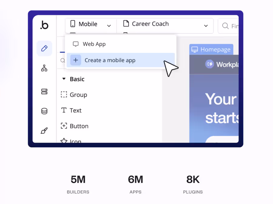 Interface de création d'application avec Bubble io