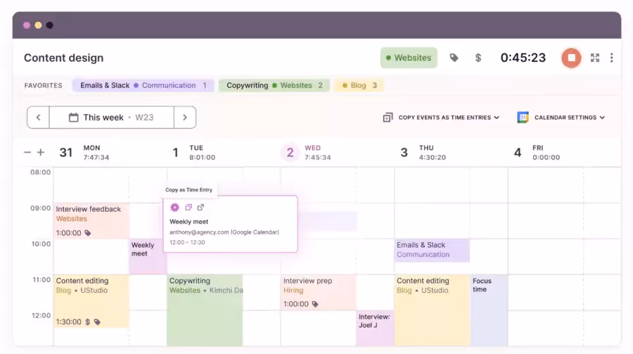Interface du calendrier et applications - Toggl Track