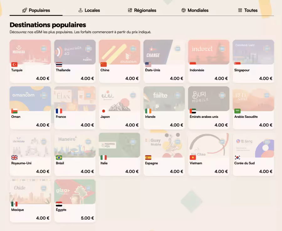 Tarifs de esim pour les pays les plus populaires